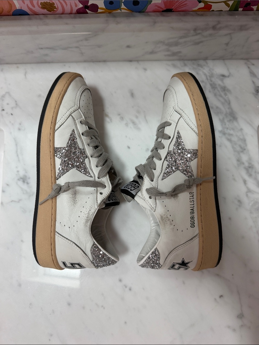 $600 Golden Goose White Leather Sneakers Silver Glitter Star Size 38 BALLSTAR